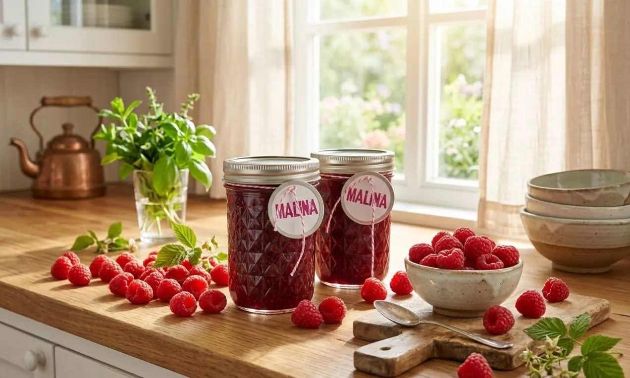Rubínovo červený malinový džem v sklenených pohároch so vzorom, obklopený čerstvými malinami na drevenom stole pri okne s jemným svetlom, AI-labeled image