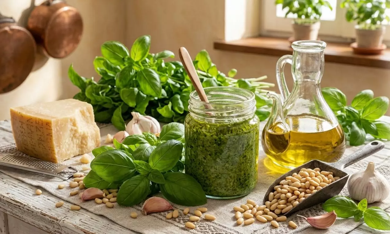 Sýtozelené pesto v sklenenom pohári s drevenou lyžicou, obklopené čerstvým bazalkovým lístím, píniovými orieškami, cesnakom a olivovým olejom, AI-labeled image